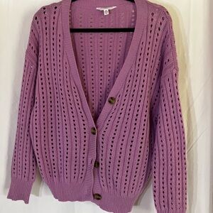 Lilac Open-Knit Button Cardigan Sweater